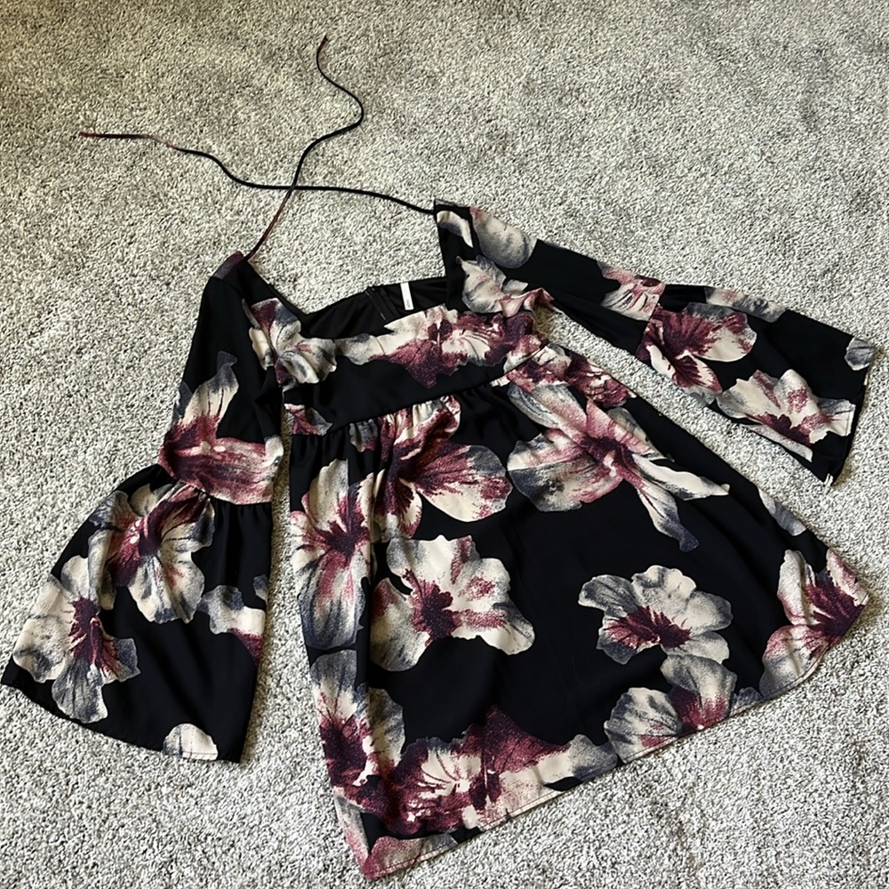 Floral Black Bell Long Sleeve Dress